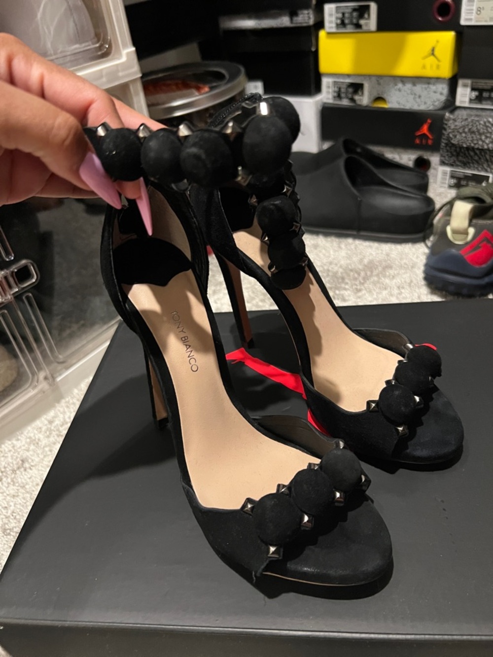 Tony Bianco Black Suede Beaded Ankle-Strap Stiletto Heels